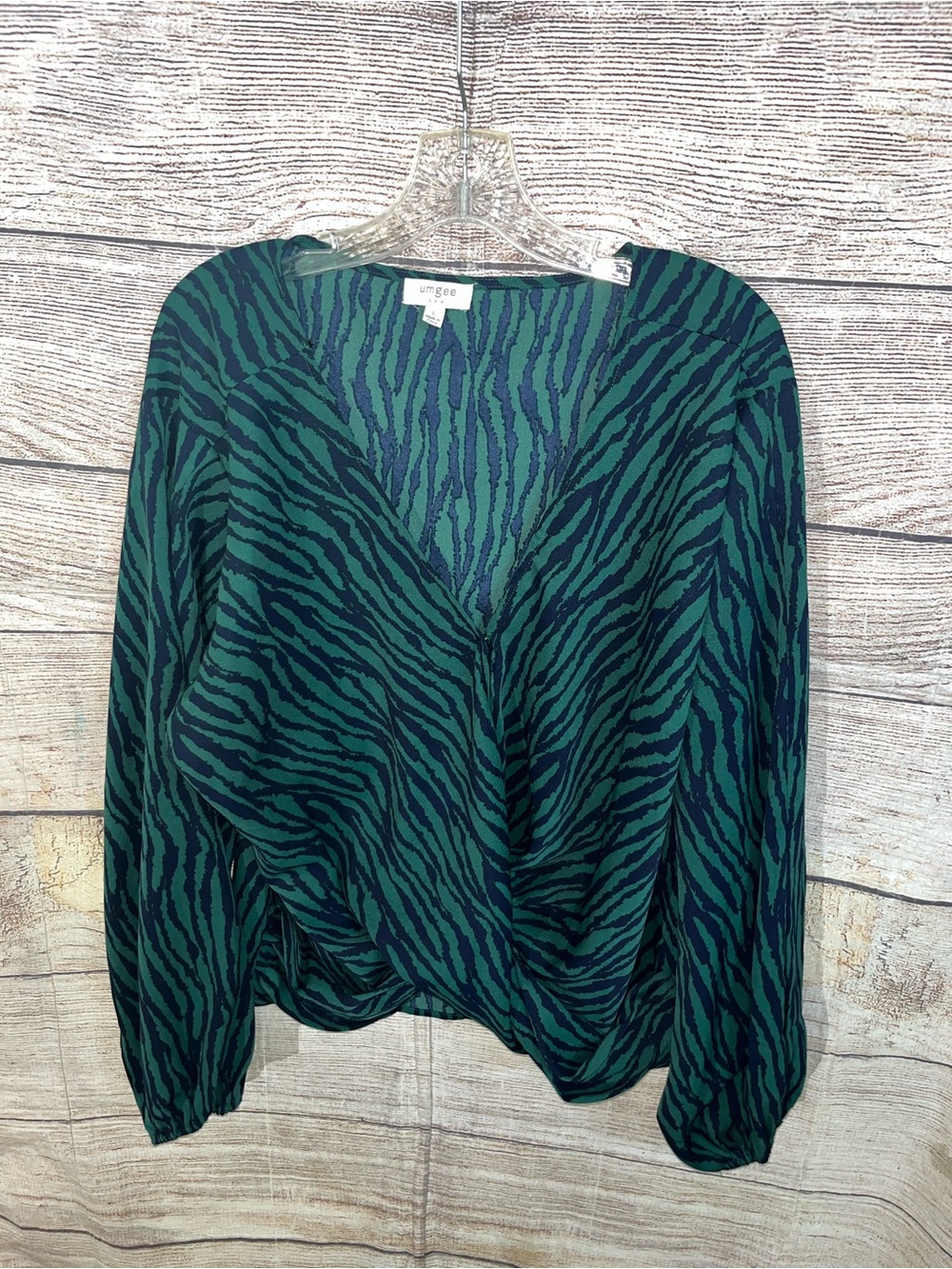 😍 Umgee Grene and Blue Zebra-Print Long Sleeve Wrap Blouse size Large